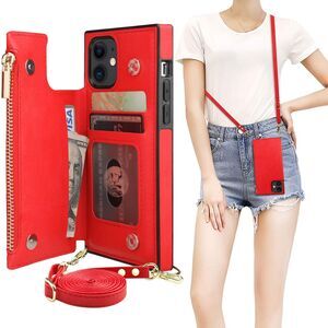 Crossbody Wallet Case for iPhone 11, Red, with Card & Zipper Slots, 6.1. inch